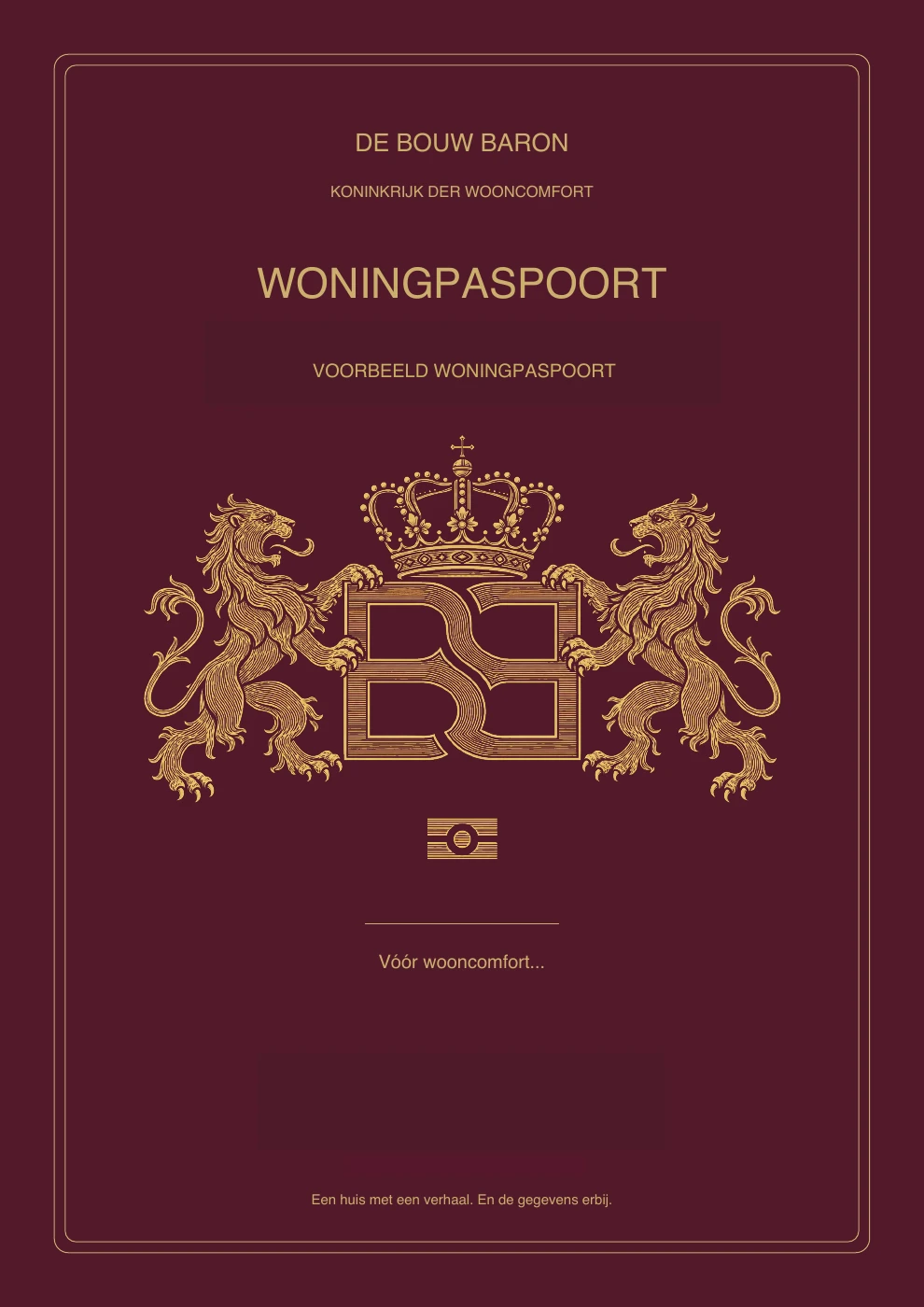 Voorbeeld van de bordeauxrode voorkant van het Bouw Baron woningpaspoort met gouden opdruk